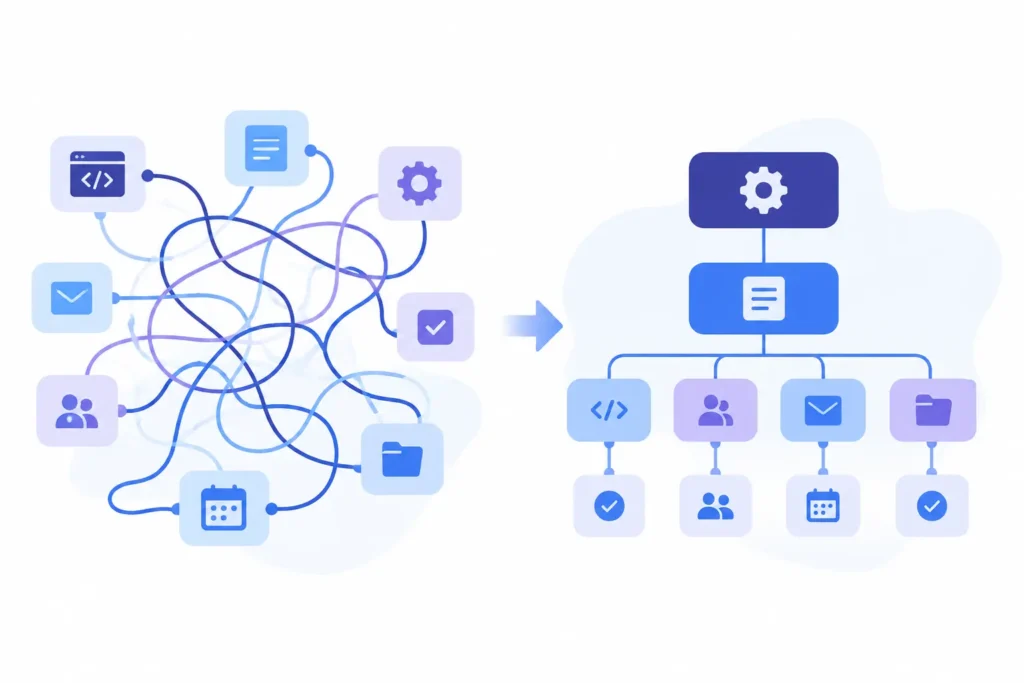 Tangled disconnected tools transforming into one organized workflow structure