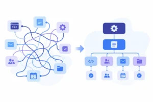 Tangled disconnected tools transforming into one organized workflow structure