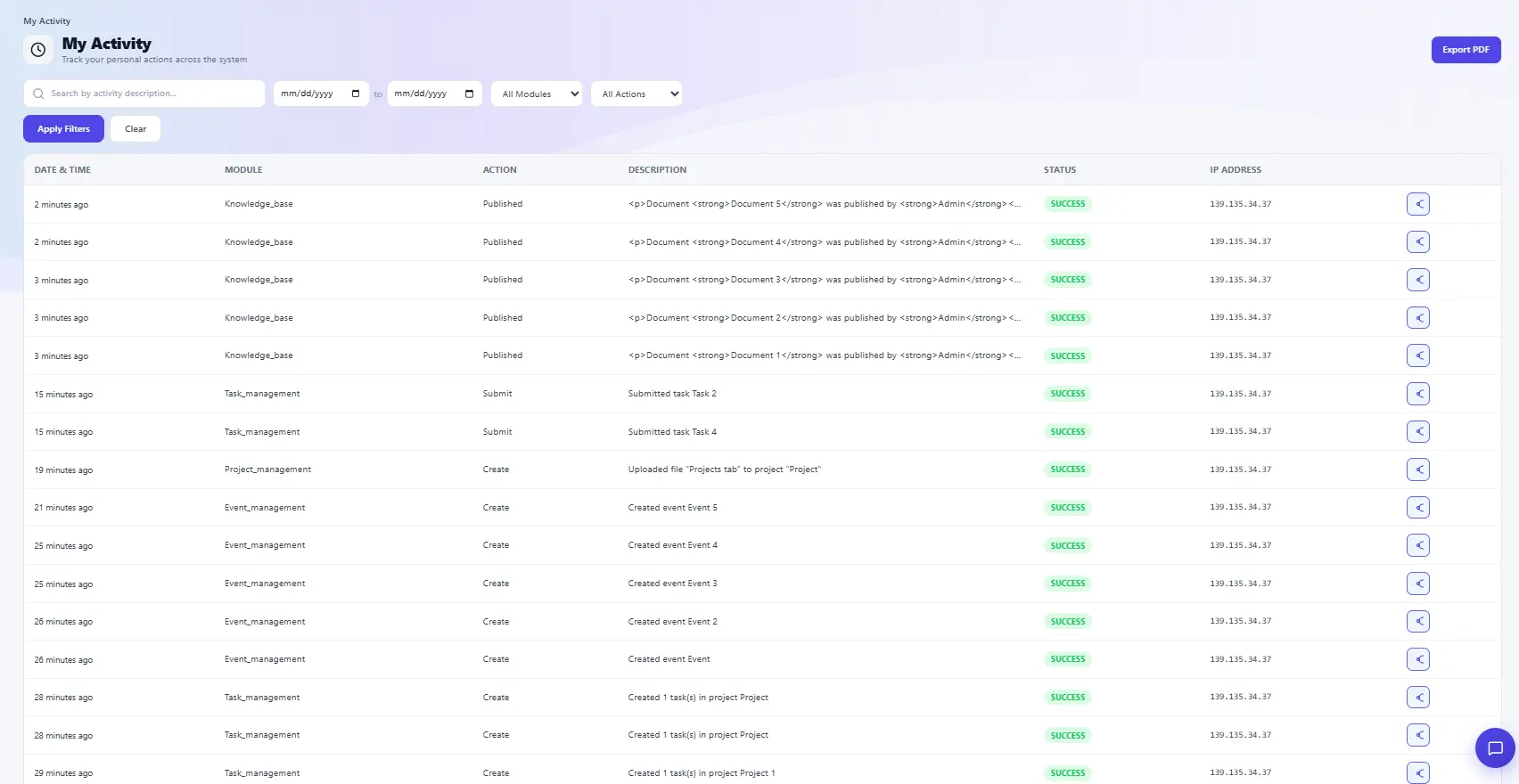 My Activity page showing a log of user actions across the One platform