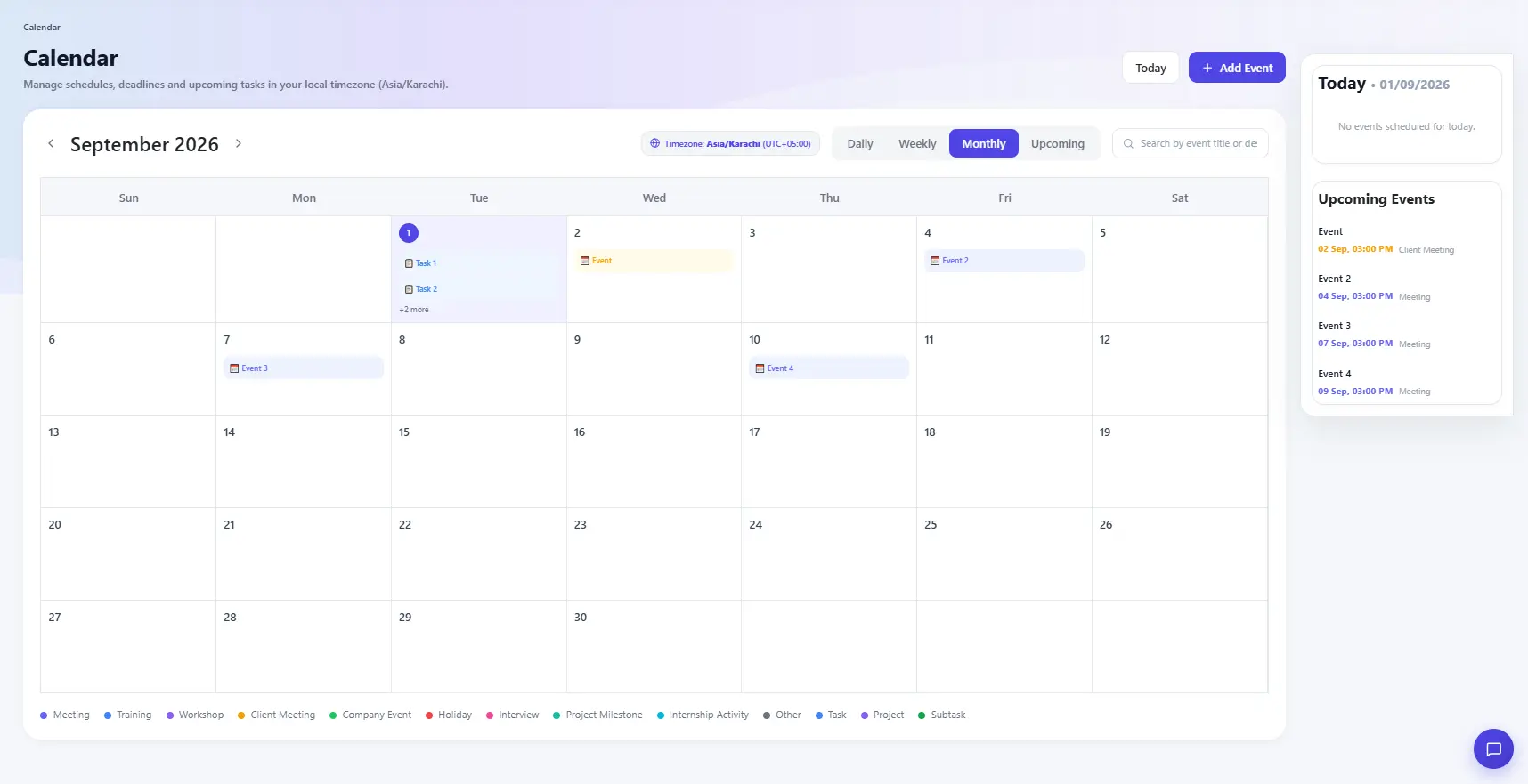 PMS monthly calendar view showing scheduled tasks and events in One