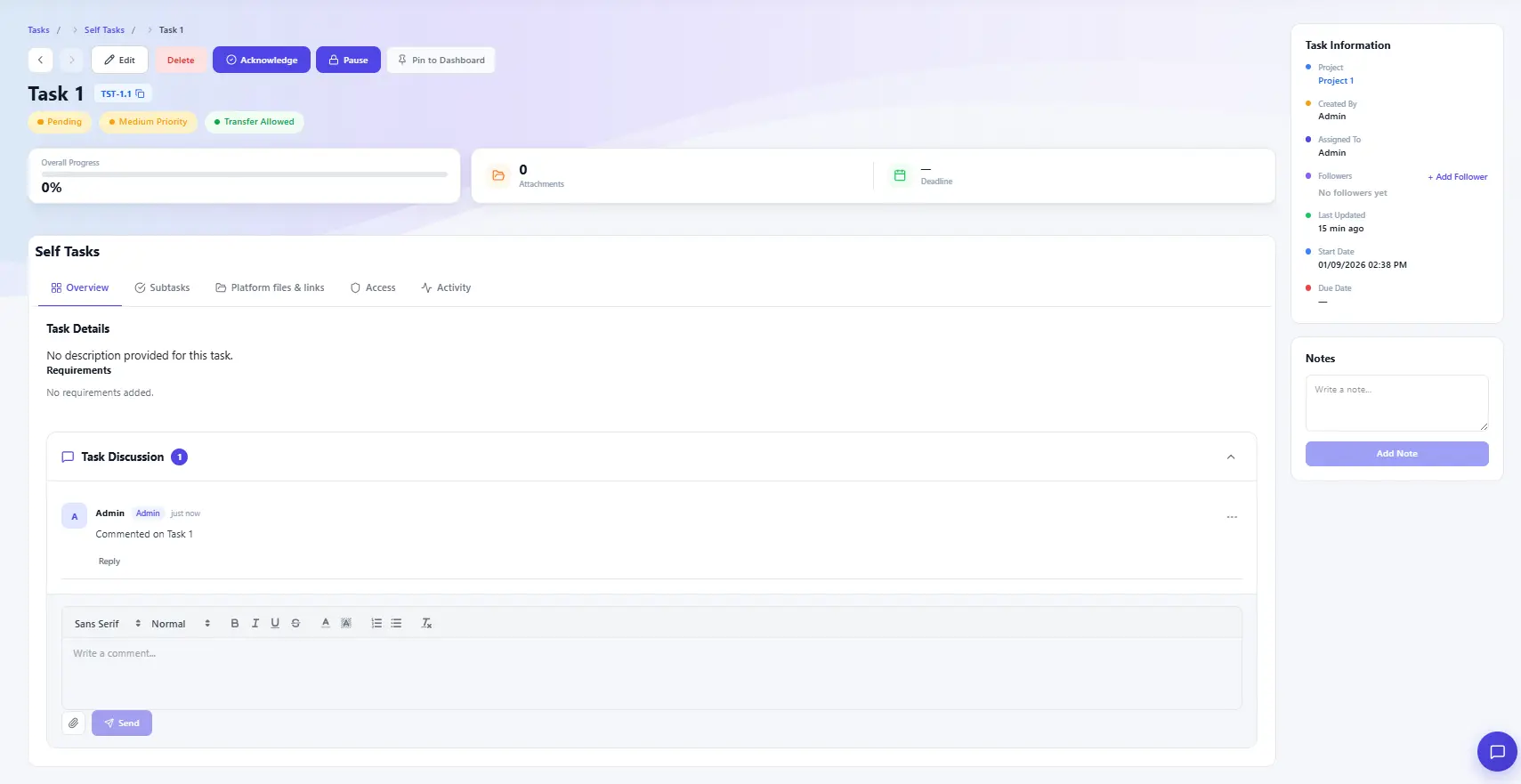 Task detail page showing task discussion and comment section in One