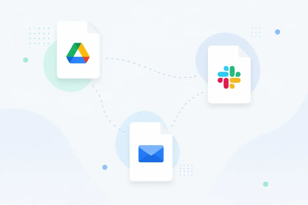 Google Drive, Slack, and email document icons connected by dashed lines, representing scattered SOPs across tools