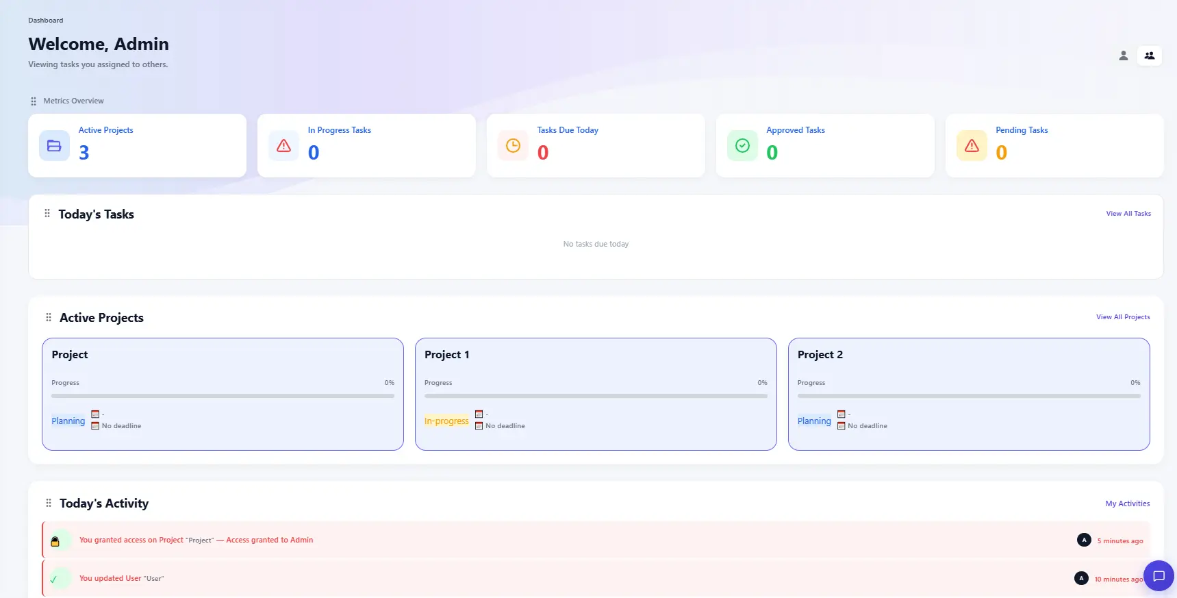 One dashboard showing active projects, today's tasks, and recent activity