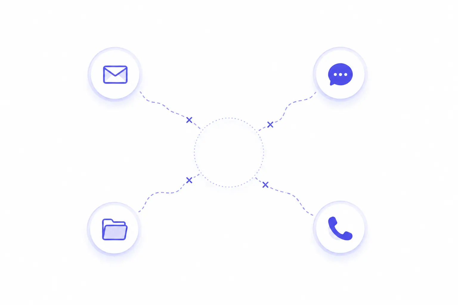 Email, chat, folder, and phone icons disconnected from a central hub, illustrating fragmented client communication
