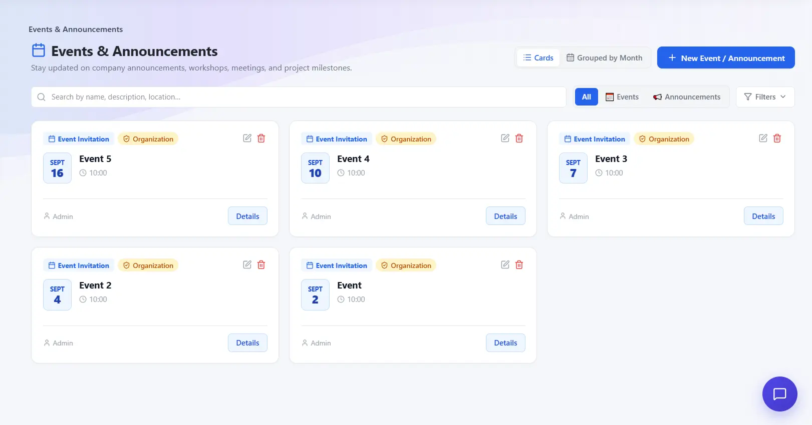 Events & Announcements page showing upcoming company event invitations in One