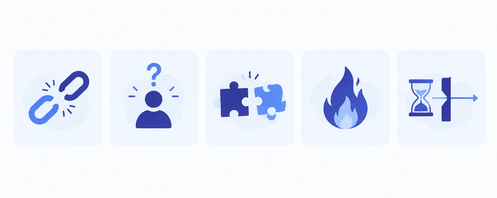 Icons representing broken knowledge transfer, unclear ownership, and process gaps at scale