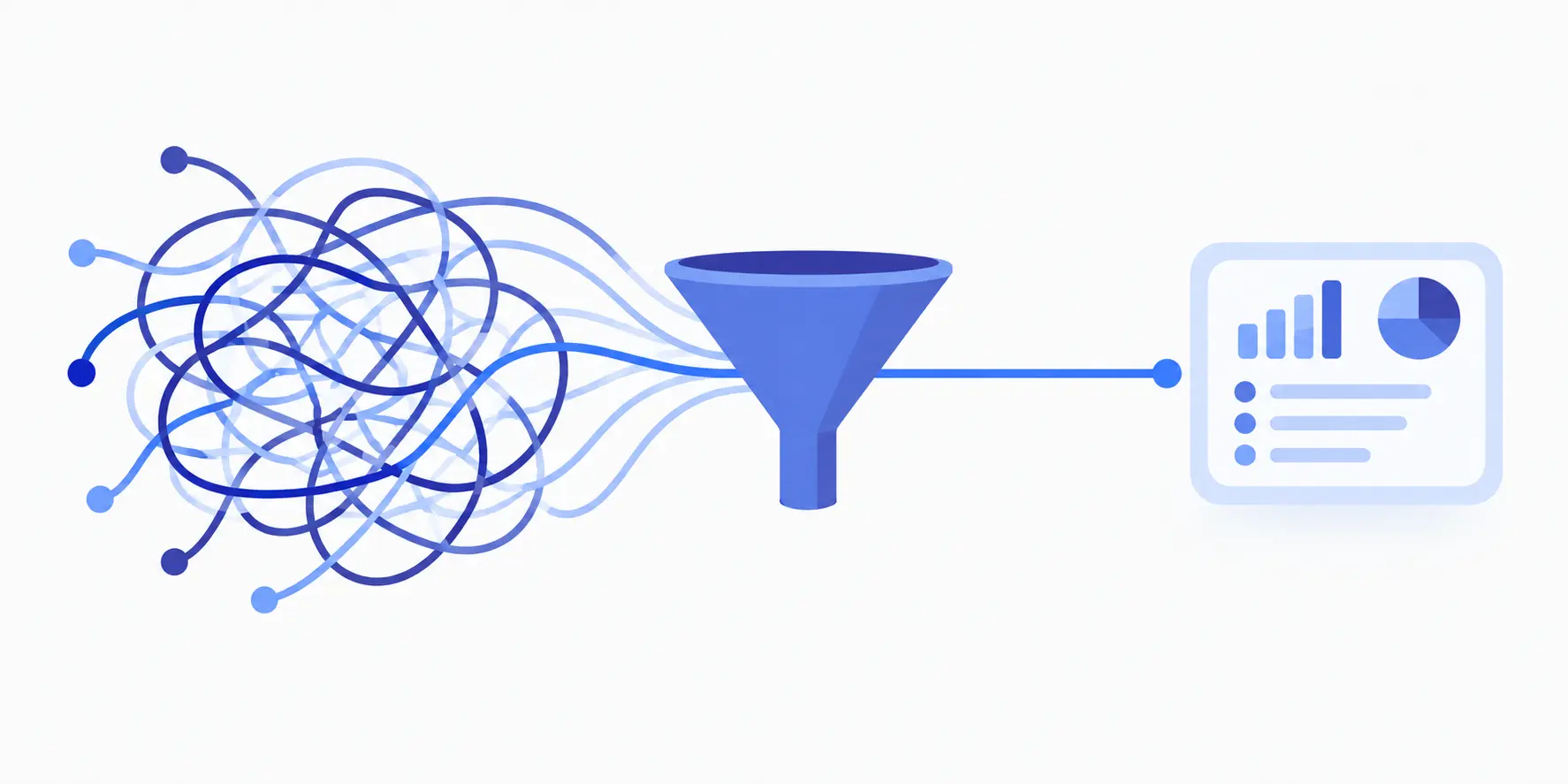 Tangled disorganized threads filtered into one clear structured report