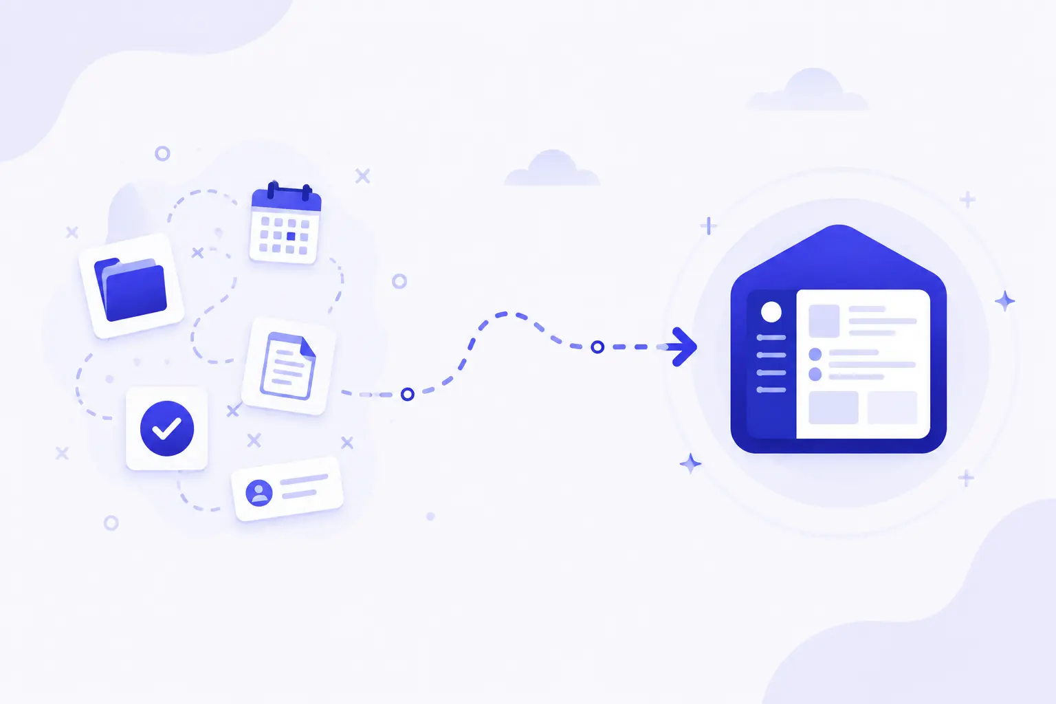 Scattered project tools consolidating into one unified workspace dashboard