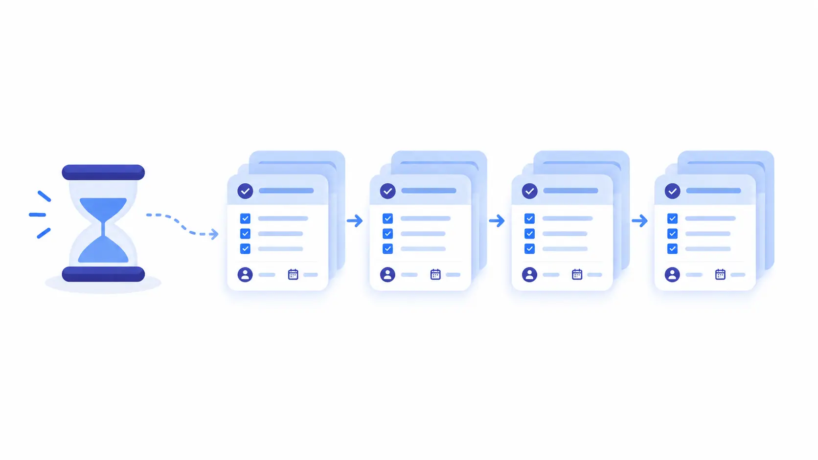 An hourglass generating a repeated series of identical checklist task cards in a row, representing time saved through reuse