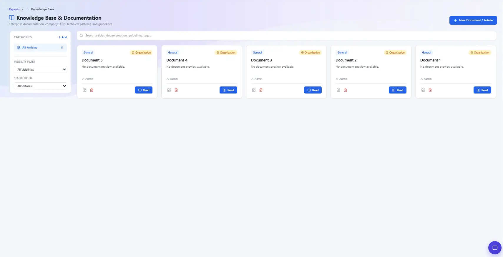 Knowledge Base and Documentation section listing SOP and guideline articles
