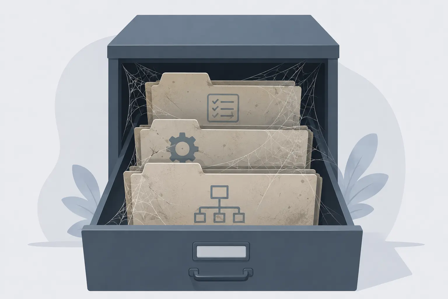 A dusty, cobweb-covered filing cabinet with folders for checklists, processes, and workflows, symbolizing neglected documentation