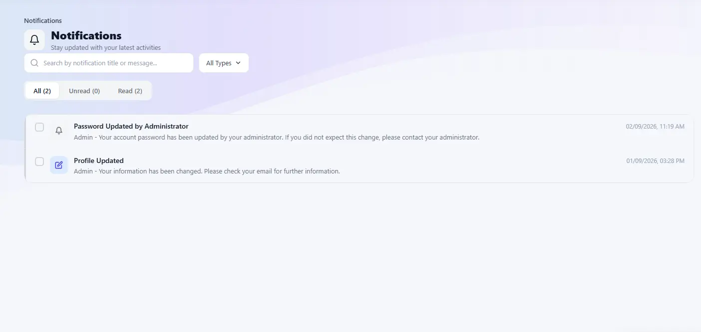 Notifications page showing recent account and profile update alerts in One