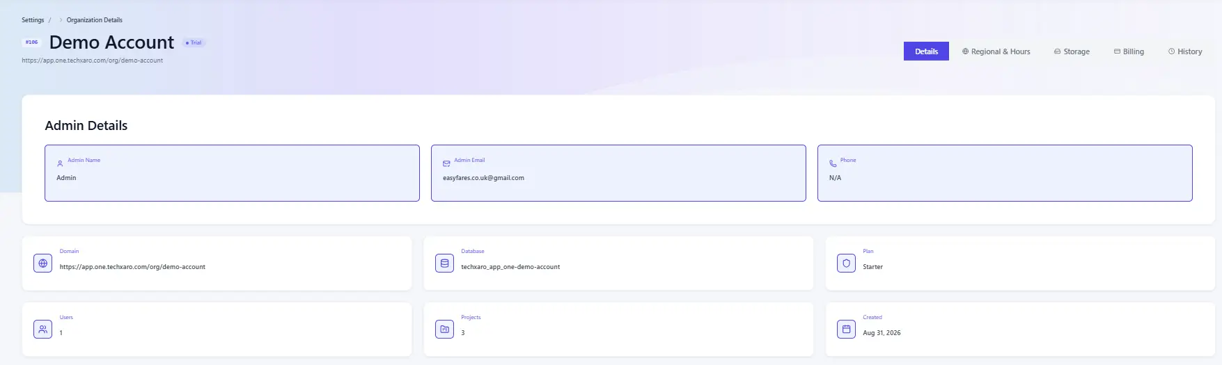 Organization Details settings page showing admin and account information