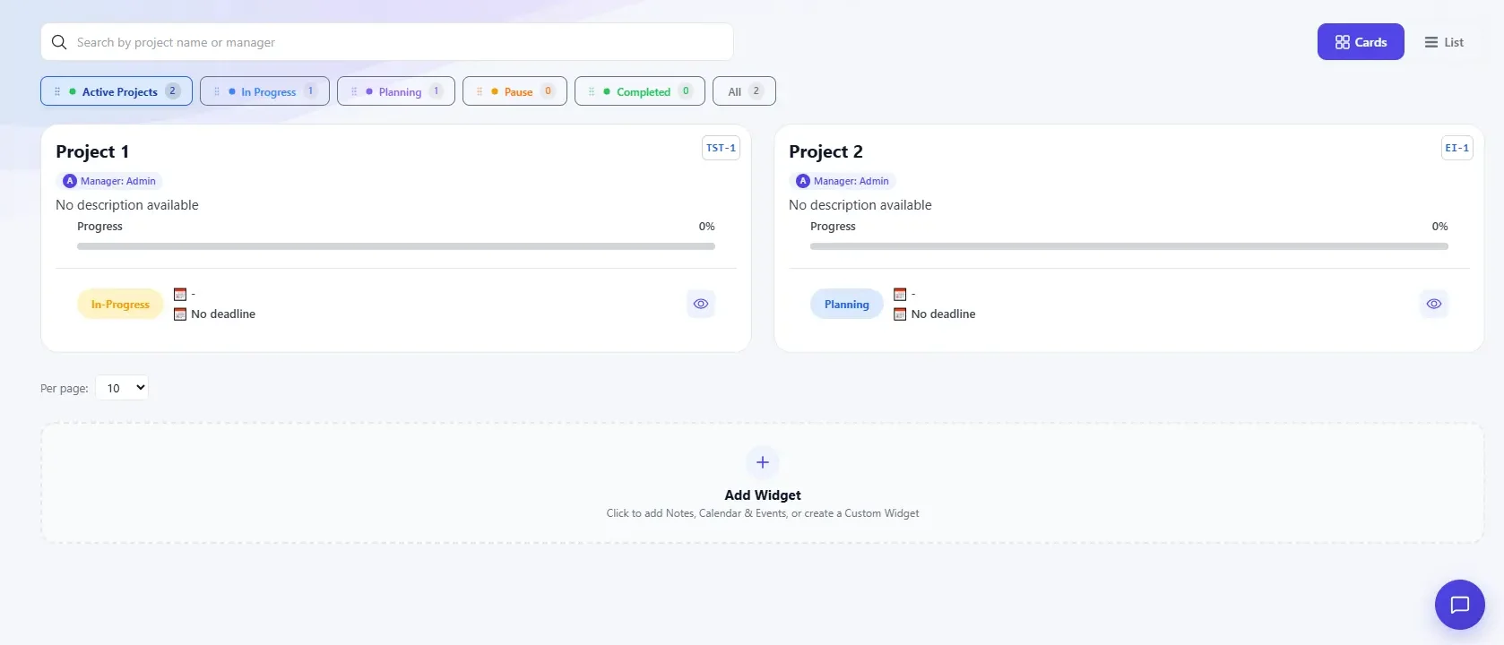 PMS showing active project cards with status and progress