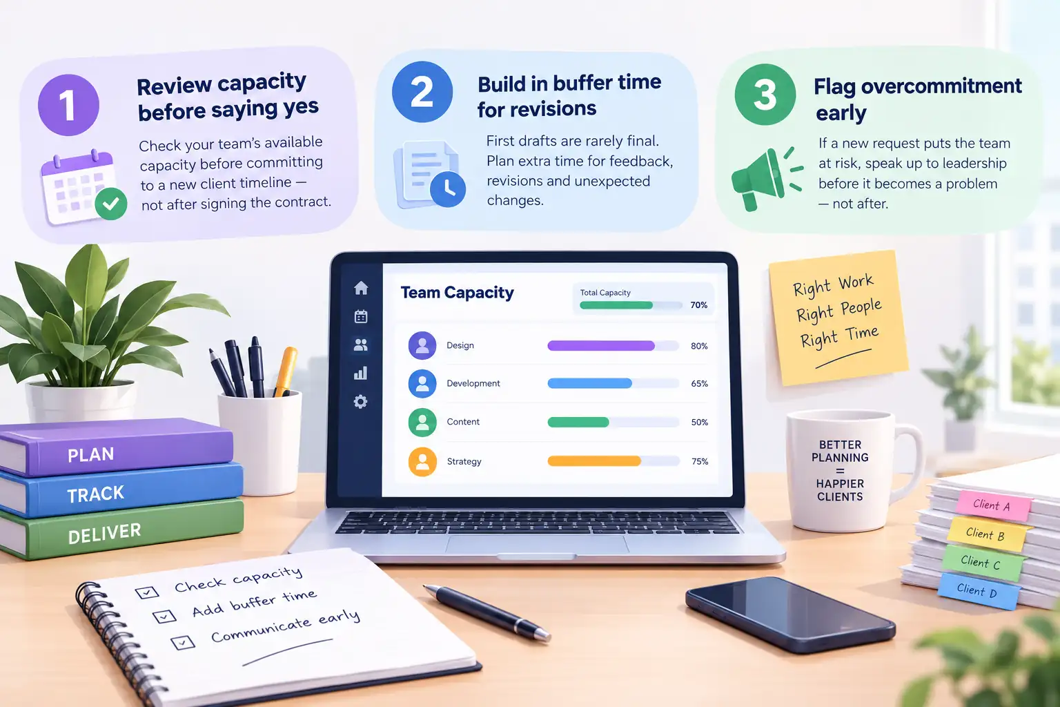 Infographic showing three ways agencies can protect team capacity: review capacity before committing to deadlines, build buffer time for revisions, and flag overcommitment early, with a central team capacity dashboard and planning workspace.