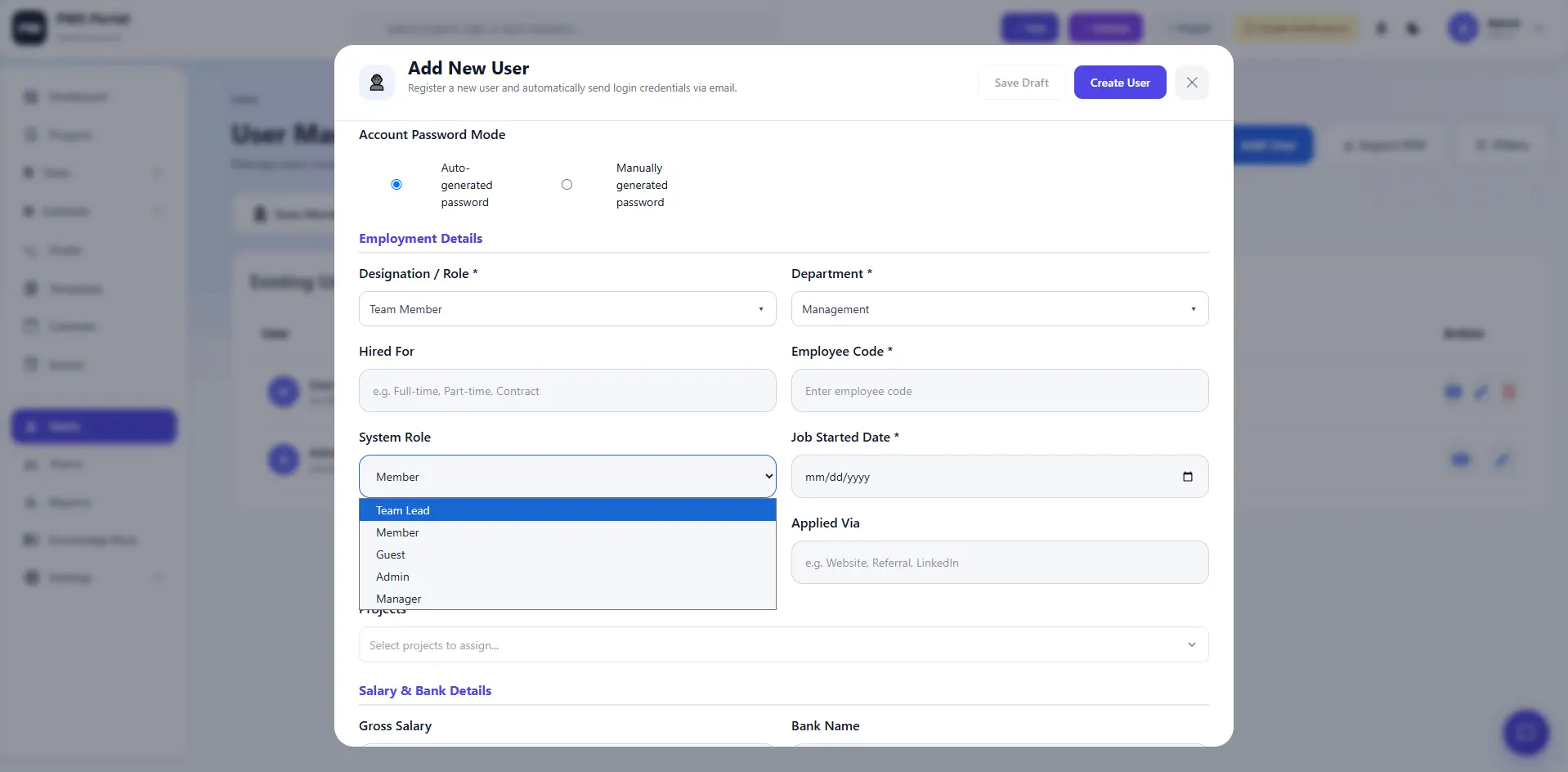 Add New User modal showing role, department, and employment detail fields