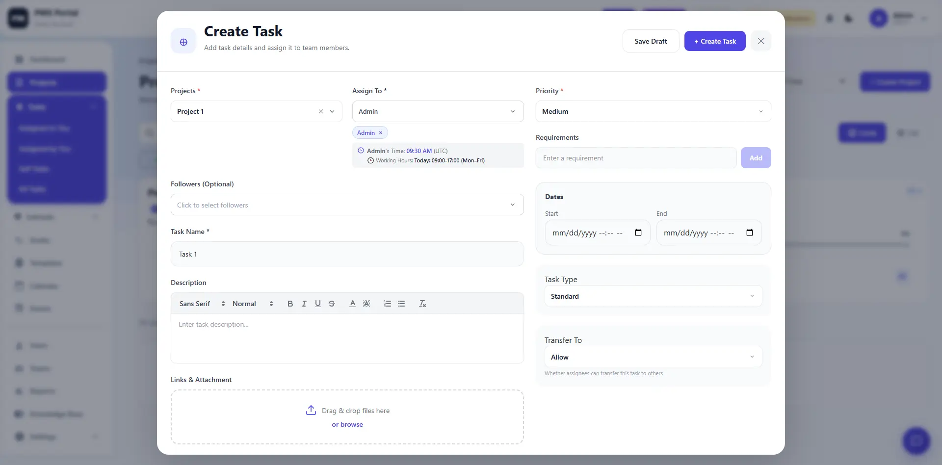 Create Task modal with fields for assignment, priority, and dates
