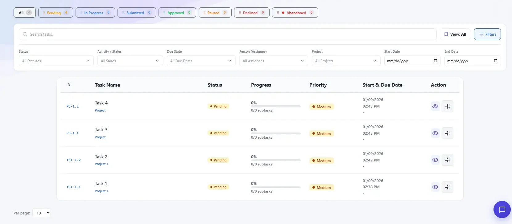 PMS tasks list showing all pending tasks with status and priority