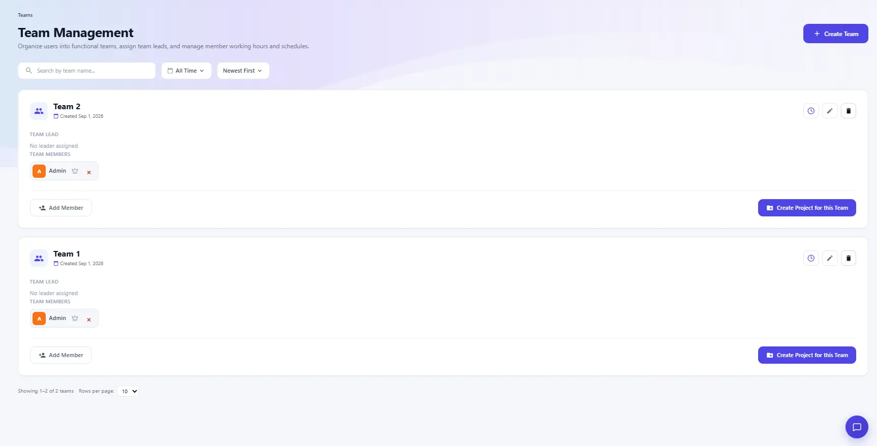 Team Management page listing teams, members, and team leads